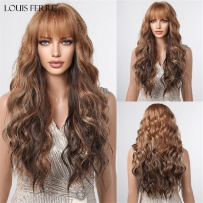 Dark Brown Highlight Curly Synthetic Wigs for Afro Women Long Wavy Blonde  Golden