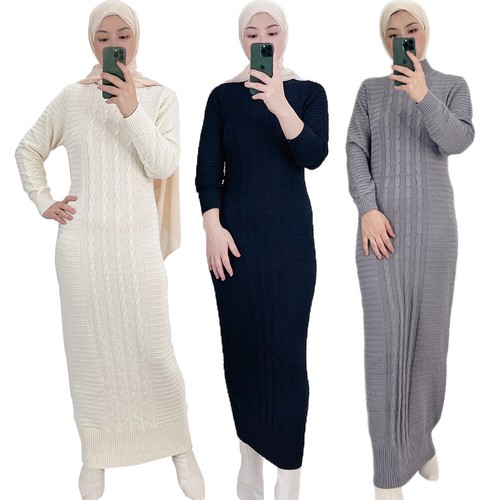 Winter Autumn Knitted Muslim Women Abaya Long Sweater Maxi Dress Turkish  Jilbab | eBay
