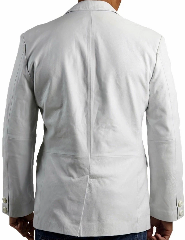 Blazer blanco formal de negocios elegante causal 100 % cuero piel de cordero hecho a mano para hombre Foto 2 de 4