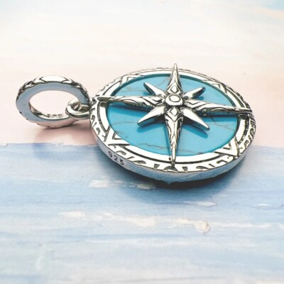 #ad 925 Sterling Silver Compass Turquoise Pendant Charm North Star Vintage Charm $48.73