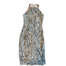 XSCAPE Metallic Animal Print Halter Dress Ruched Bodycon Cocktail Size 6
