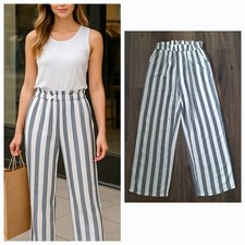    American Eagle Striped Elastic High Waist Wide Leg Pants Pockets Soft 100 Vi