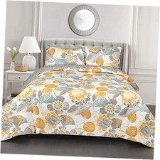 Full Queen Layla Quilt Floral Leaf Print 3 Piece Full/Queen Yellow  Gray