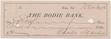 1878 BODIE California CHECK  Bodie Bank GHOST TOWN