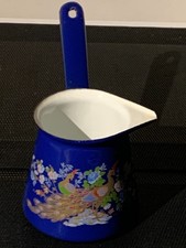 Vintage Enamel Cezve - Turkish Coffee Pot Pitcher - Cobalt Blue With Peacock