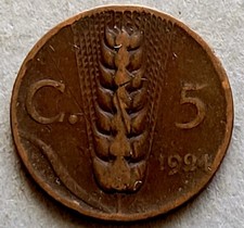 Italy 5-centesimi coin, 1924 KM# 59, copper. King Victorio Emmanuel III. Wheat.