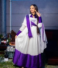Elegant Ethiopian Dress   White with Purple Accents and Flowing Scarf