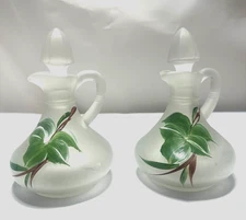 Vintage Hazel Atlas Ivy Leaf Hand Painted Frosted Glass Cruet Oil & Vinegar Set