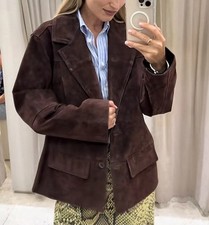 GIACCA BLAZER ZARA MARRONE SCURO 100% PELLE SCAMOSCIATA 4341/814/716 TAGLIA M PREZZO AL PUBBLICO £169