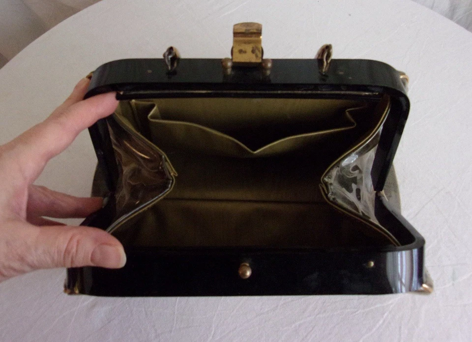 Bolso Cartera Caja Aguja Negro Vinilo Lucite & Patent Años 50 De Colección. Foto 3 de 4
