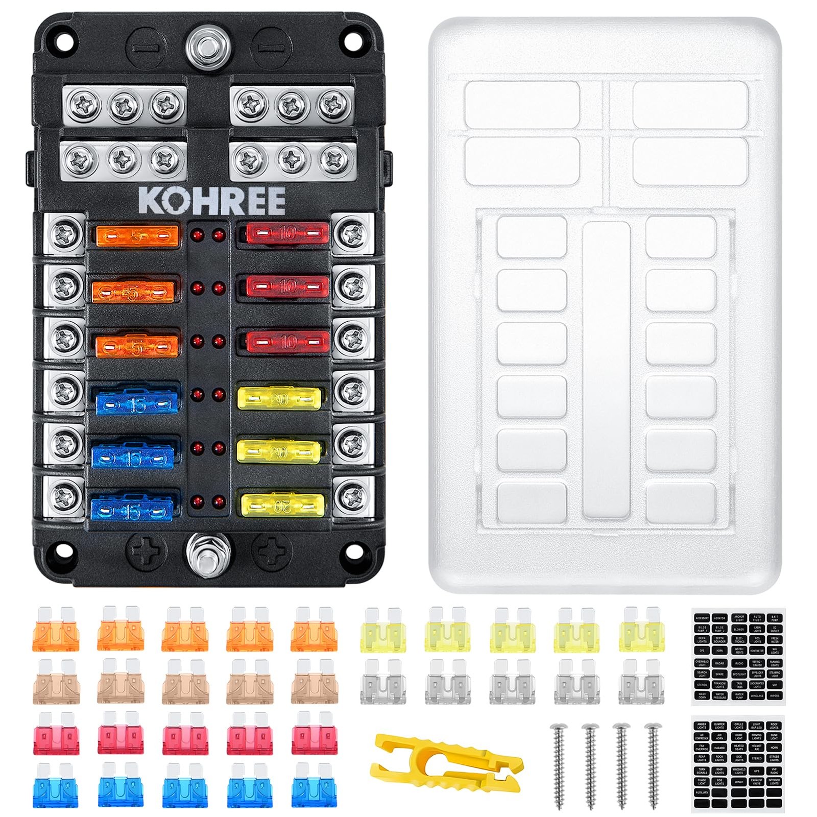 Kohree 12 Way 12V Fuse Box, 12 Volt Blade Block Waterproof with LED...