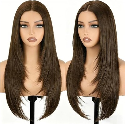 HD Lace Front Wig Human Hair Blend Highlights  Straight Honey BROWN Blonde
