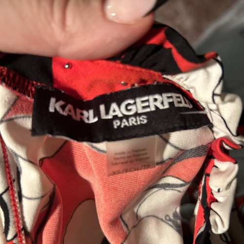 Blusa Karl Lagerfeld para mujer roja floral sin mangas talla Xs con volantes detalles de perlas - Imagen 3 de 3