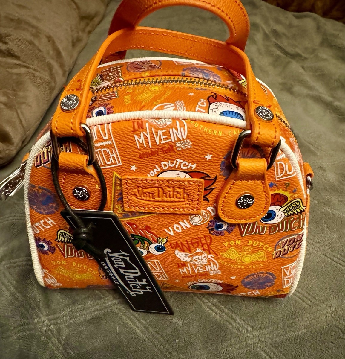 NEW Von Dutch Y2K Orange Jax Doodle Bowling Bag Purse Handbag