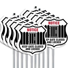 Notice Keep Gate Closed And Locked Shield Shaped Sign With Stake