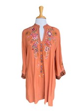 Johnny Was Workshop Floral Embroidered Tunic Top Mini Dress Orange Rayon Artsy S