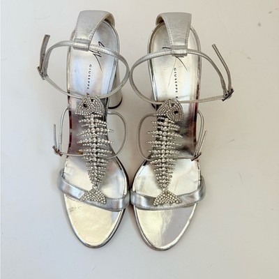 Giuseppe Zanotti Silver Leather Crystal embellished Fishbone