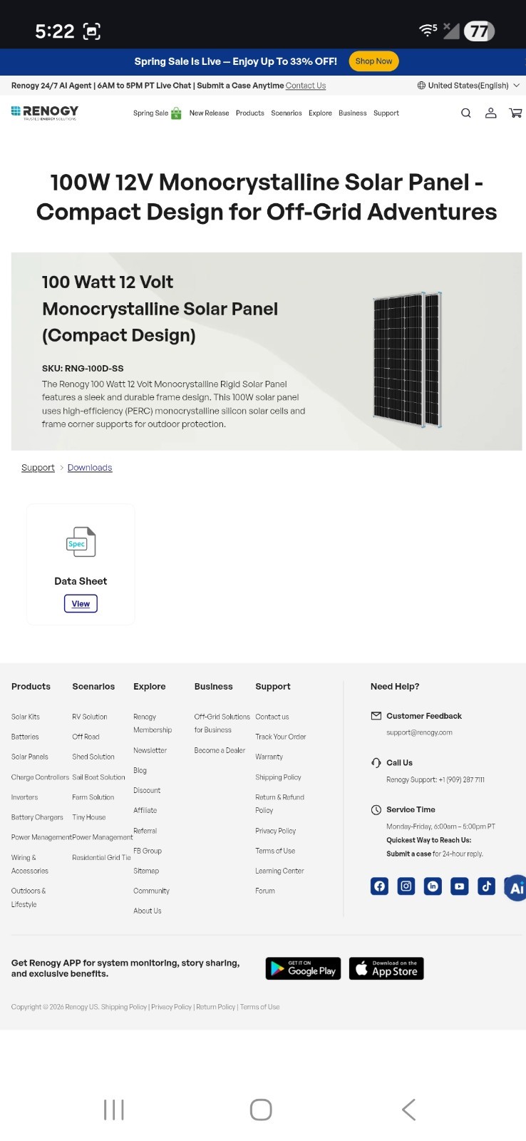 Monocrystalline Renogy Rng-100d-ss Watt Volt