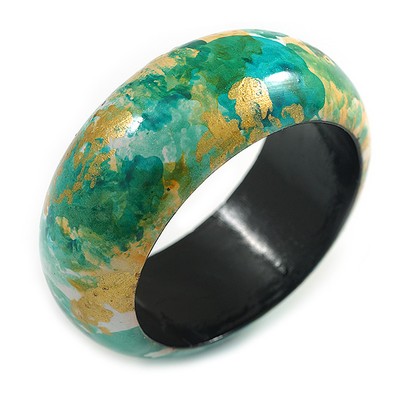 Runder Holz Armreif Armband mit abstraktem Motiv bemalt in grün/gold/weiß