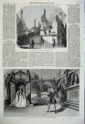 Original Old Antique Print 1860 Fire Redcross Street Ruins Opera Almina Theatre