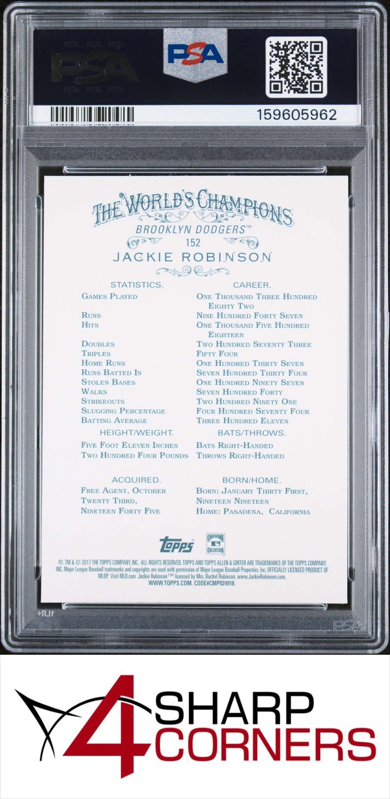 2017 TOPPS ALLEN & GINTER #152 JACKIE ROBINSON HOF PSA 10 view 2