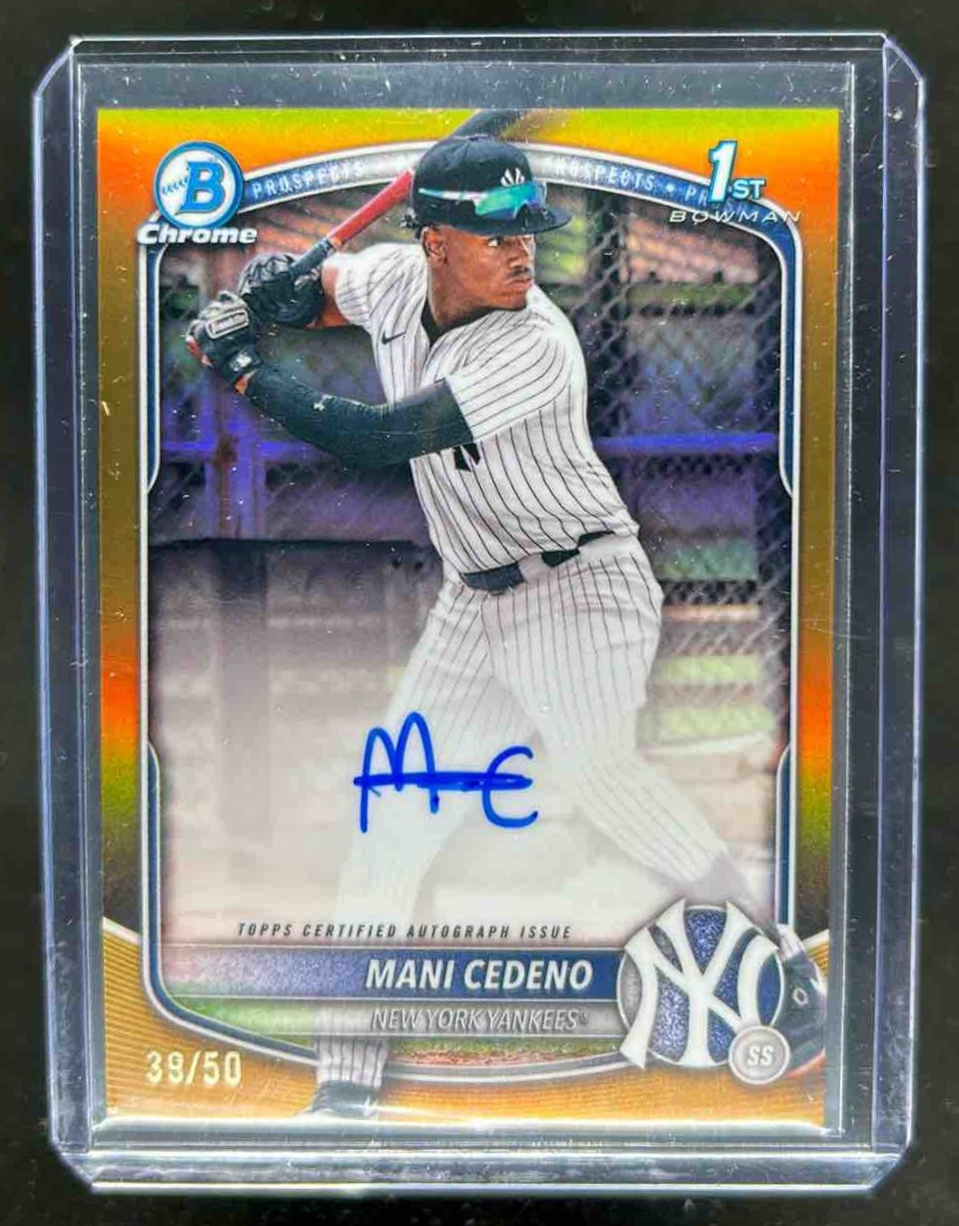 2025 Bowman Chrome Mani Cedeno Auto Gold Refractor 1st Prospect #39/50 Yankees