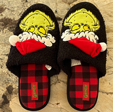 Grinch unisex Slide Slippers Plaid Faux Fur Slip-On Black/Red/Green Size 11-12