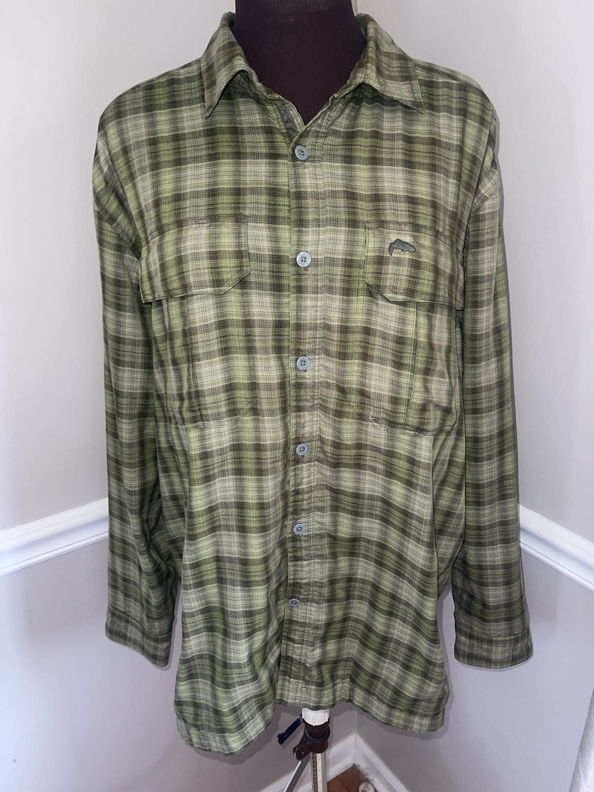 Simms Fleece Lined Flannel Shirt Jacket  Large Cold Weather Shacket Green Plaid