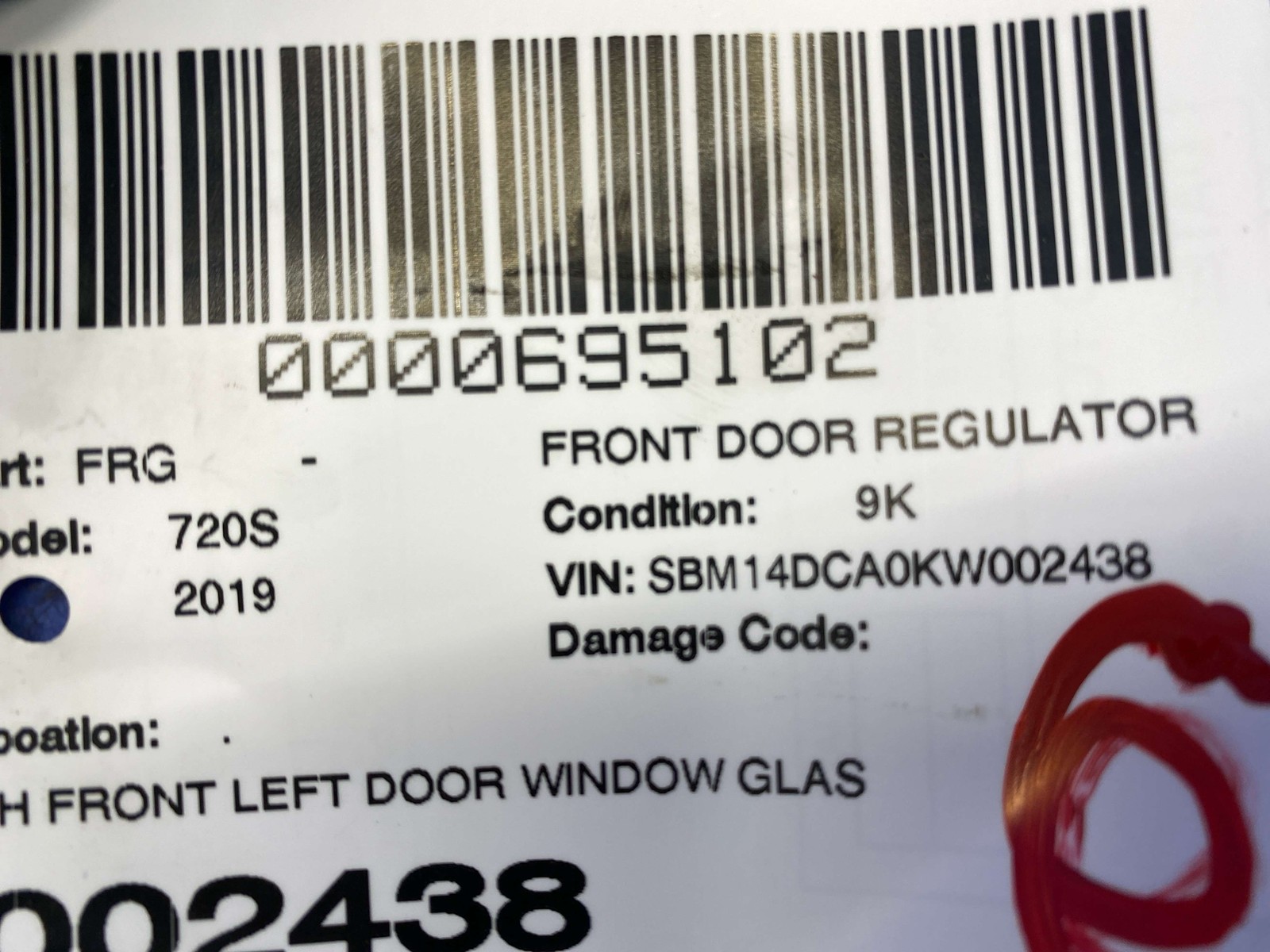 2018-2023 MCLAREN 720S FRONT LEFT DOOR WINDOW GLASS REGULATOR RAIL 14AA377CP OEM