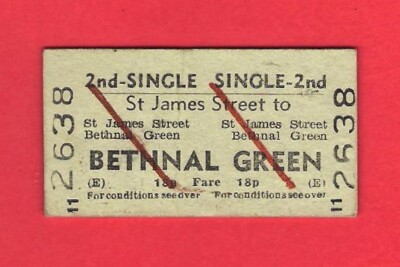 British Railways Ticket - BR(E) 2nd Single - St James St to Bethnal Green - 1977