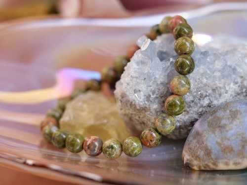 Natural Green Unakite Plain Round Gemstone Stretchy Bracelet Healing Reiki 6-8" - Picture 1 of 12
