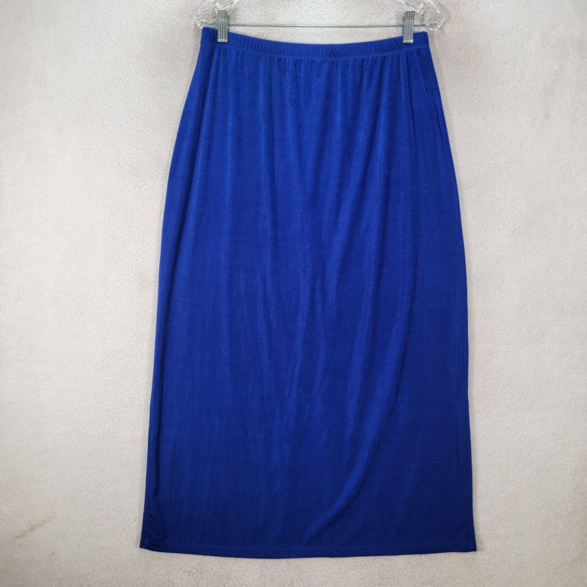 Vtg 90s Royal Blue Jersey Pull On Stretch Unique Midi Pencil Womens Skirt  Size L