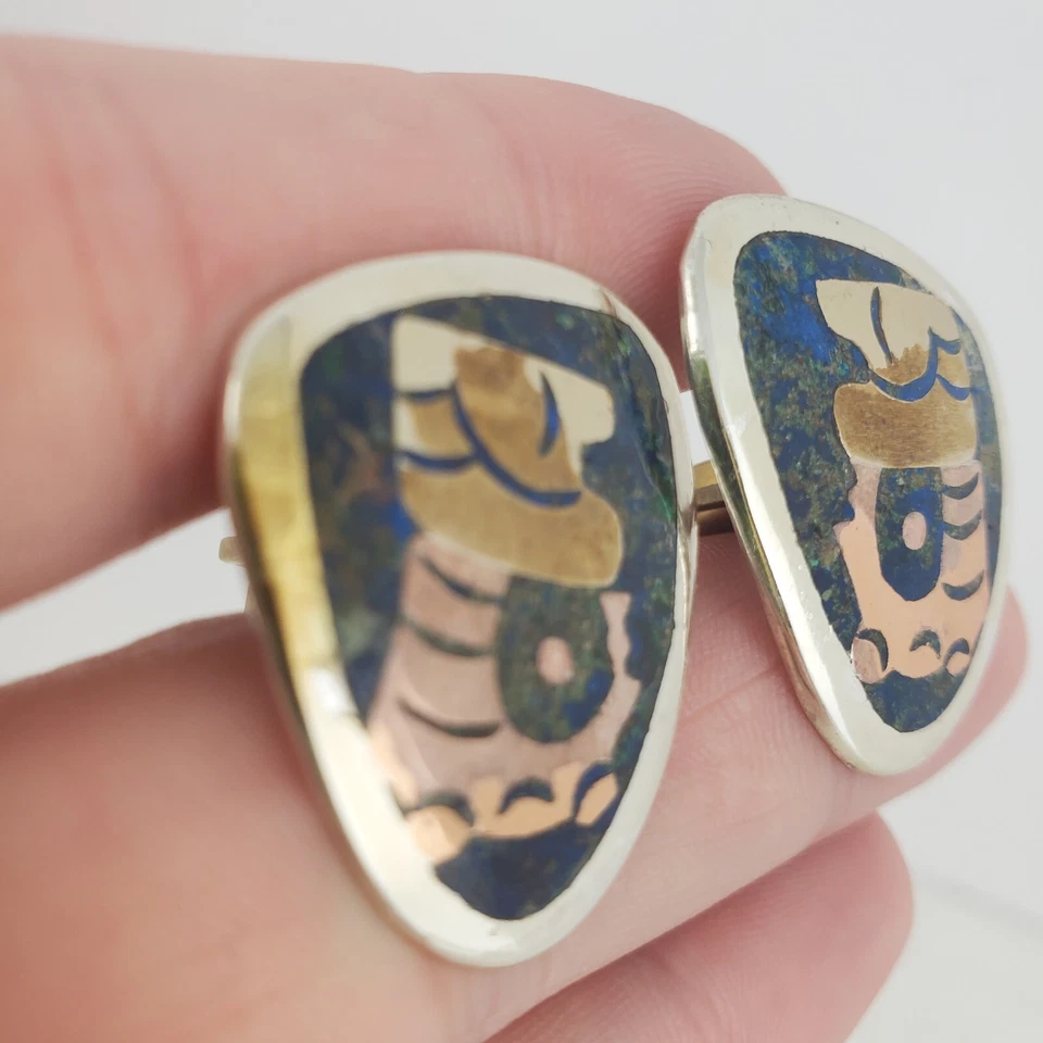 Gemelos de metal mezclado Bear Sterling gemelos Taxco incrustación de piedra azul alpaca Foto 2 de 4