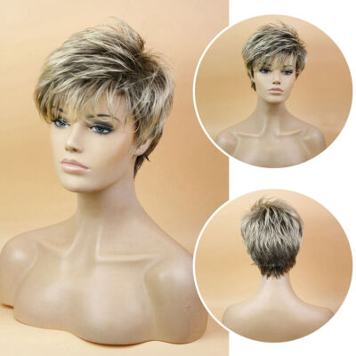 Ombre Dark Brown Highlight Blonde Wigs for Women Short Pixie Cut Layered Wig