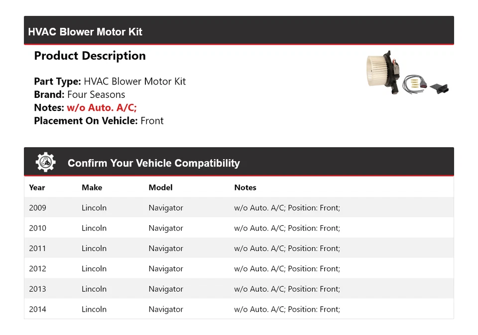 Kit de motor soplador delantero 4 estaciones 2010 2011 Lincoln Navigator 2009-2014 Foto 2 de 3