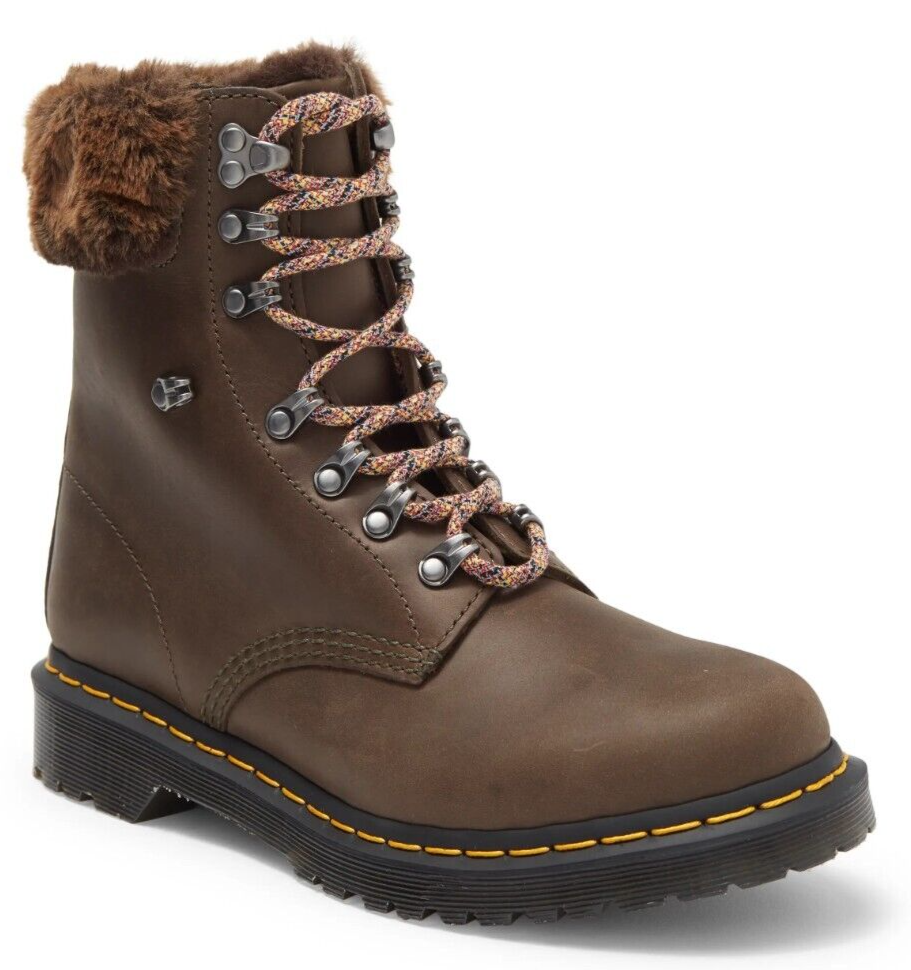 Martens Womens 1460 Serena Collar Faux Fur Leather Ankle Boots Brown  Size