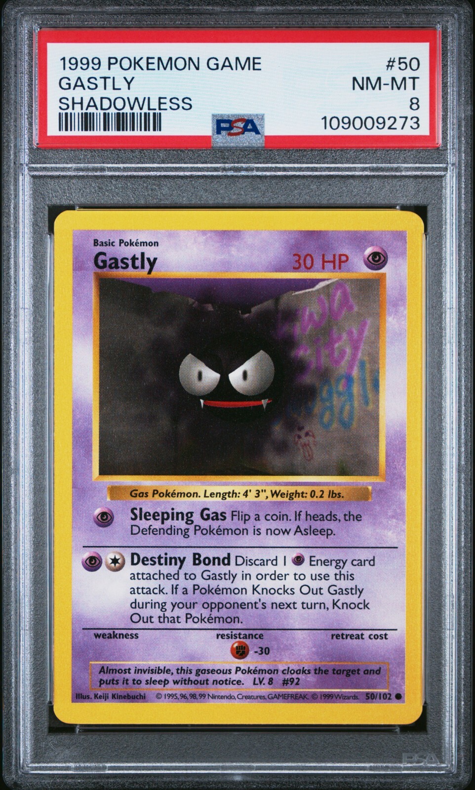 Pokemon Card Gastly 50/102 Shadowless Base Set 1999 PSA 8 NM-MT