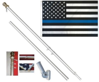 Thin Blue Line 3 x 5 FT Flag + 6 Ft Silver Spinning Tangle Free Pole + Bracket