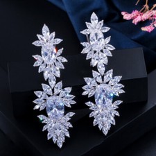 Luxury Silver Plated Cubic Zirconia CZ Large Long Dangle Bridal Wedding Earrings