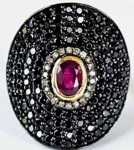 ANILLO VERMEIL RAREZAS CAROL BRODIE ESPINELA NEGRA Y PIEDRAS PRECIOSAS RUBÍ OVALADAS TALLA 10 - Imagen 2 de 2