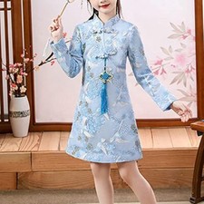 Girls Cheongsam Qipao Dress Floral Embroidered Long Sleeve Chinese Traditional