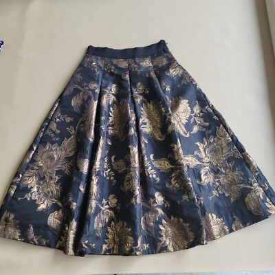 WHBM White House Black Market Metallic Jacquard Midi Skirt Sz Gold FLORAL 