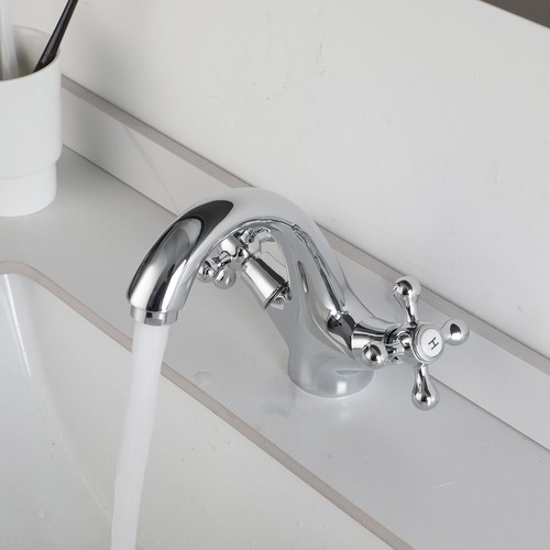 Bathroom Faucet Dual Cross Handles Deck Mount Single Hole Chrome Basin Mixer Tap - Picture 4 of 11