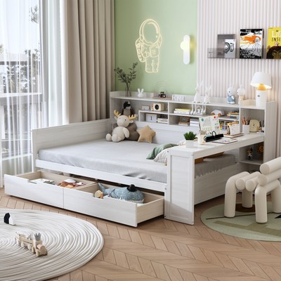 Wooden Full Size Daybed with Storage Shelves, Multi-functional Bed with Two Stor