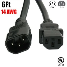 6FT 14AWG Power Extension Cord Cable C13 to C14 IEC320 SJT 3-Prong Male - Female