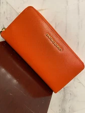Cynthia Rowley Zip Around wallet Organizer Leather Orange Gold Zip Pull 7.5x4”