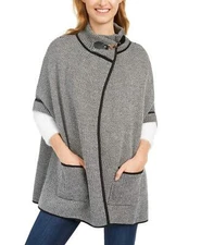 Cejon Women's Bird's Eye Riding Cape Poncho With Welt Pockets, Black Ivory, One