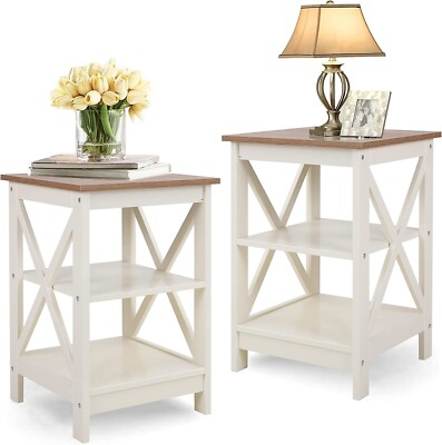 Side Table Set of 2 Storage Sofa Bed End Table for Living Room Bedroom Beige