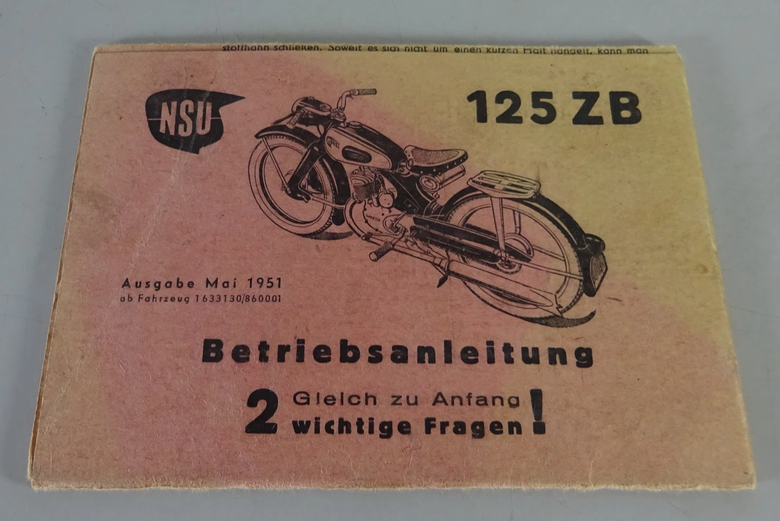 Short Operating Manual / Handbook NSU Motorcycle 125 ZB Status 05/1951