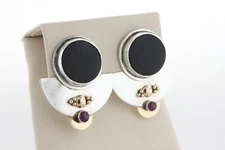 Arlene Siwek Sterling Silver 925 14K Gold Accent Matte Onyx Circles Earrings